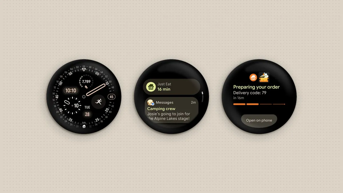 Pixel Watch screen displaying the Wear OS 7 update interface with new AI features and battery settings.