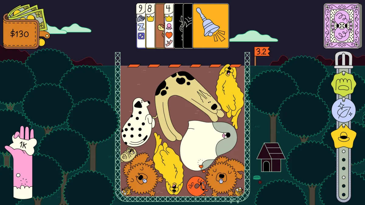 Gameplay screenshot featuring canine characters and card mechanics in the Dogpile roguelite deckbuilder