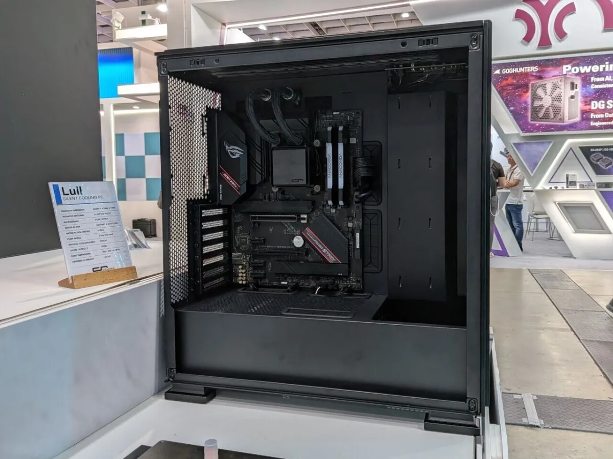 The Cryorig Lull silent PC case is shown at Computex 2026 with updated hose routing and a left side panel.