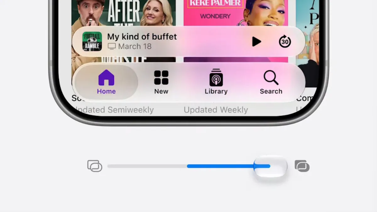The updated Liquid Glass interface displays a new readability slider, standardized top navigation, and extended sidebar bo...