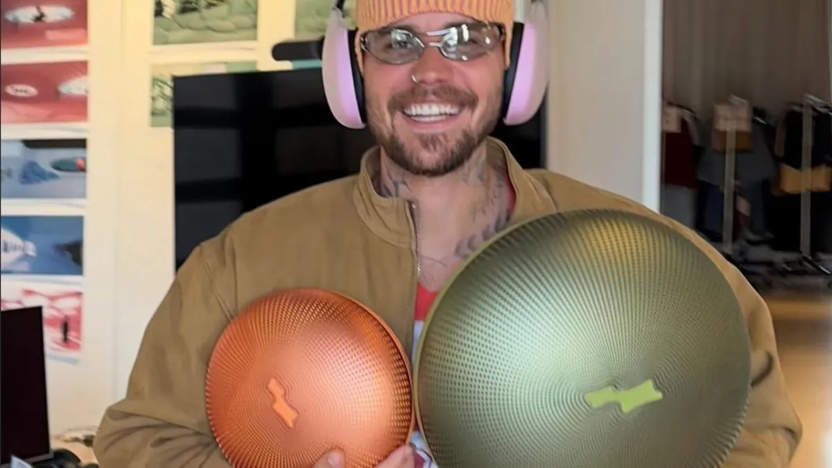 Early SKYLRK Bluetooth speaker concepts by Justin Bieber showing circular cushion-like designs and over-ear headphones.