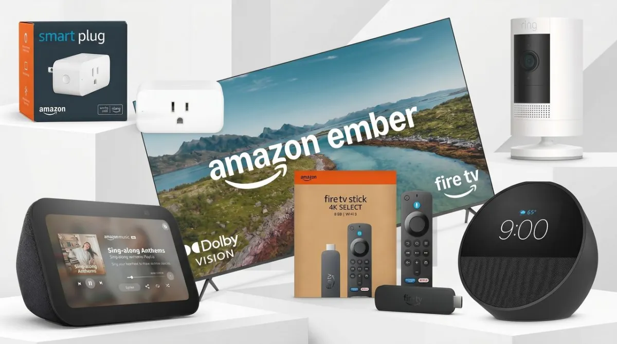 Amazon Echo speakers, Fire TV devices, Ring cameras, and Ember televisions are arranged together for Prime Day sales.