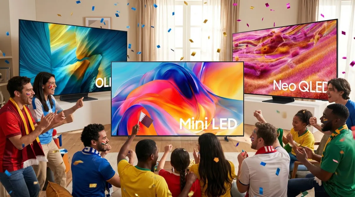 Samsung televisions are displayed with promotional pricing for the World Cup.