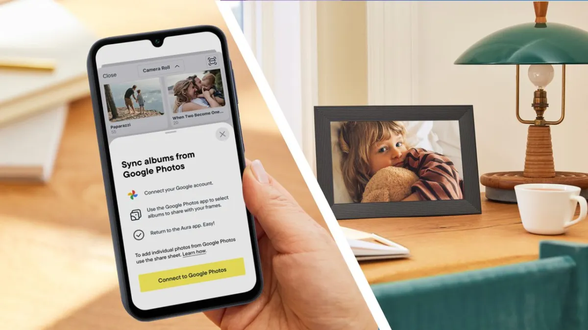 The Aura digital photo frame displays a synced Google Photos album through the companion application.
