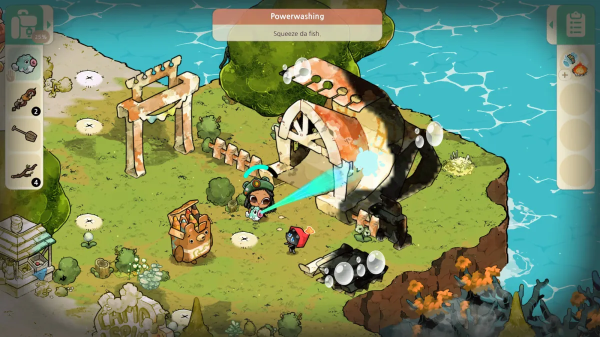 Screenshot of the protagonist exploring a forest island in Cozy Grove: Camp Spirit.