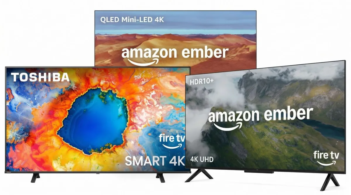 Multiple television models are displayed with promotional price tags for early Prime Day sales.