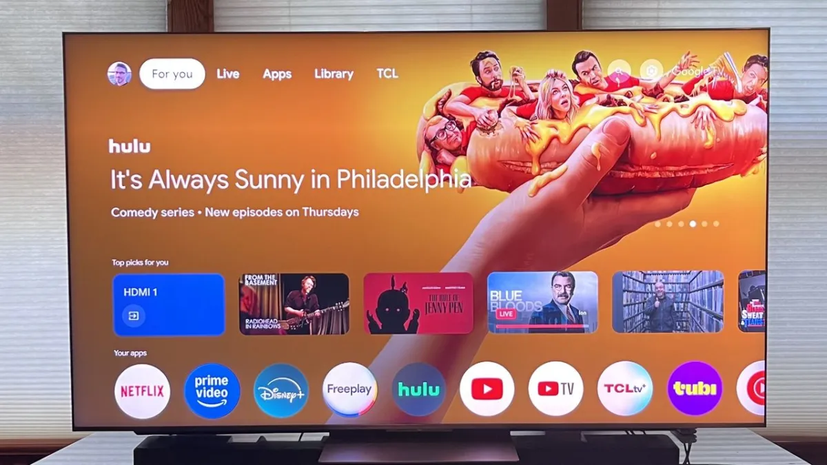 A smart television screen displays targeted advertising on a digital interface.