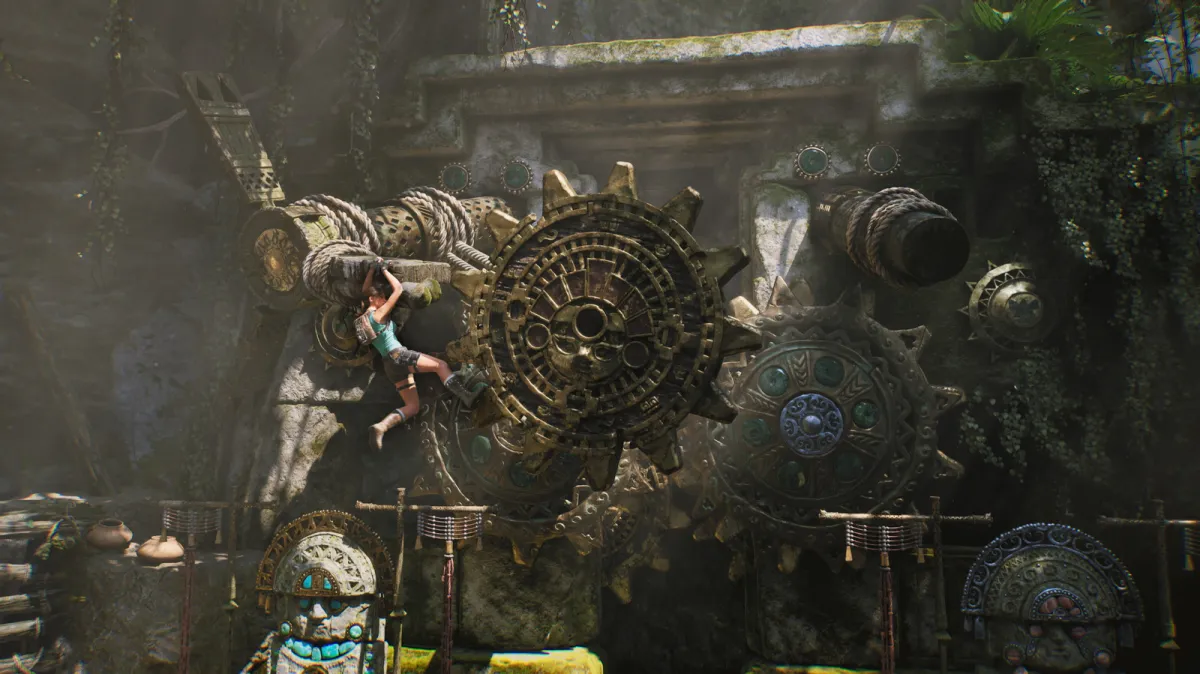 Lara Croft explores vertical Atlantean ruins with modern combat mechanics in this Unreal Engine 5 rendering.