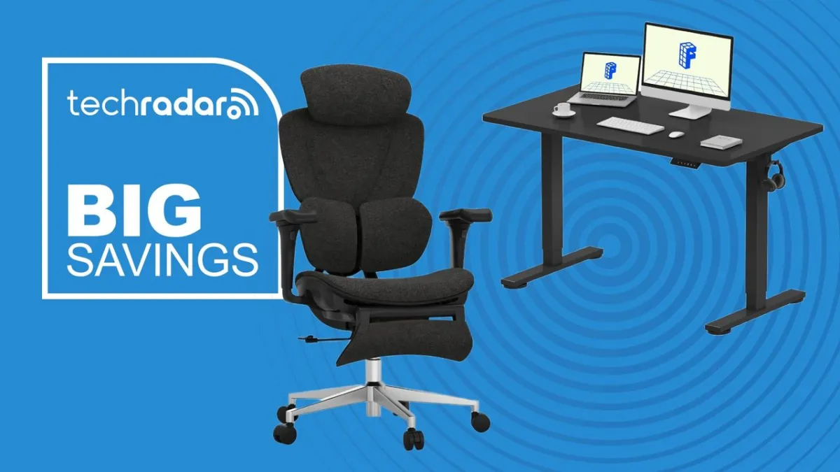 A FlexiSpot standing desk and ergonomic office chair in a home office