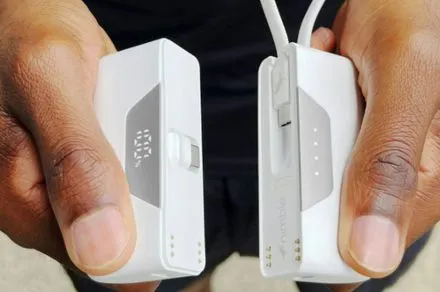 Two magnetic five thousand mAh battery modules connect to form the Nimble SharePower charger with a foldaway USB-C port.