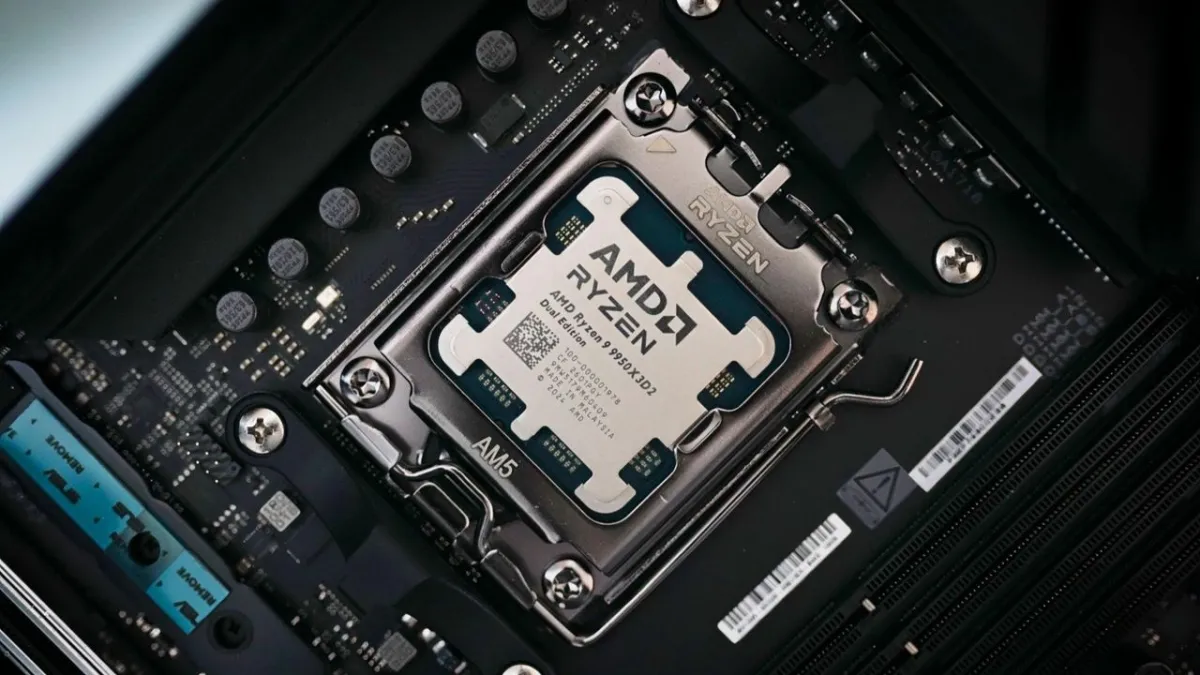 AMD AM5 socket and DDR5 memory modules are mounted on a desktop motherboard.