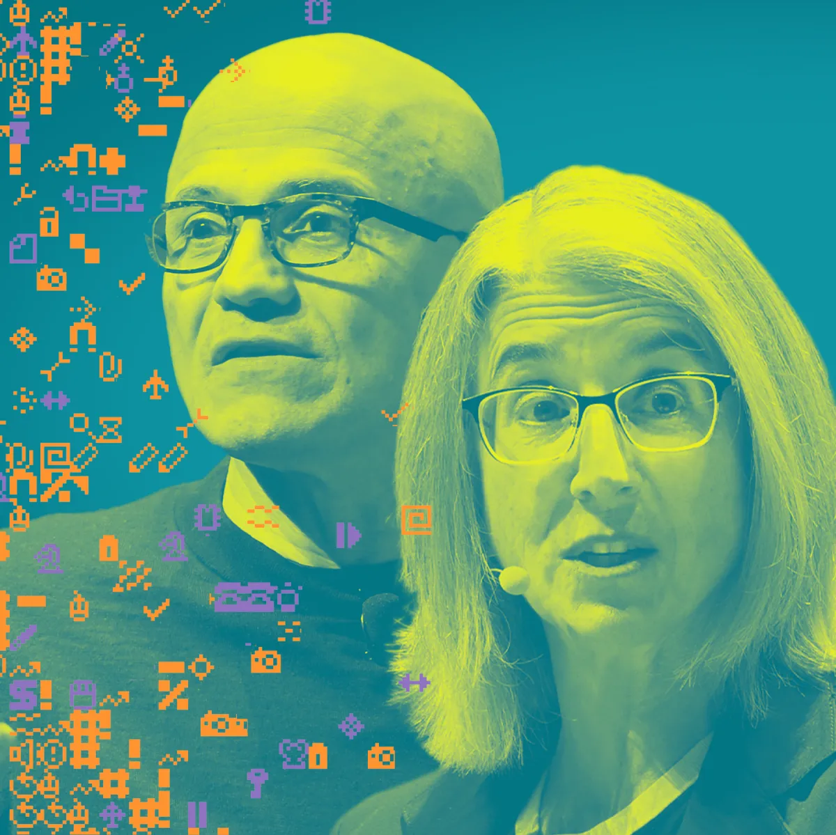 Satya Nadella and Cindy Cohn stand on stage alongside two robot dogs at a live event.