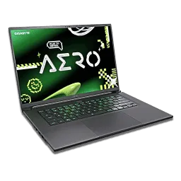 The Gigabyte Aero X16 mobile workstation laptop features a silver chassis and dark keyboard.