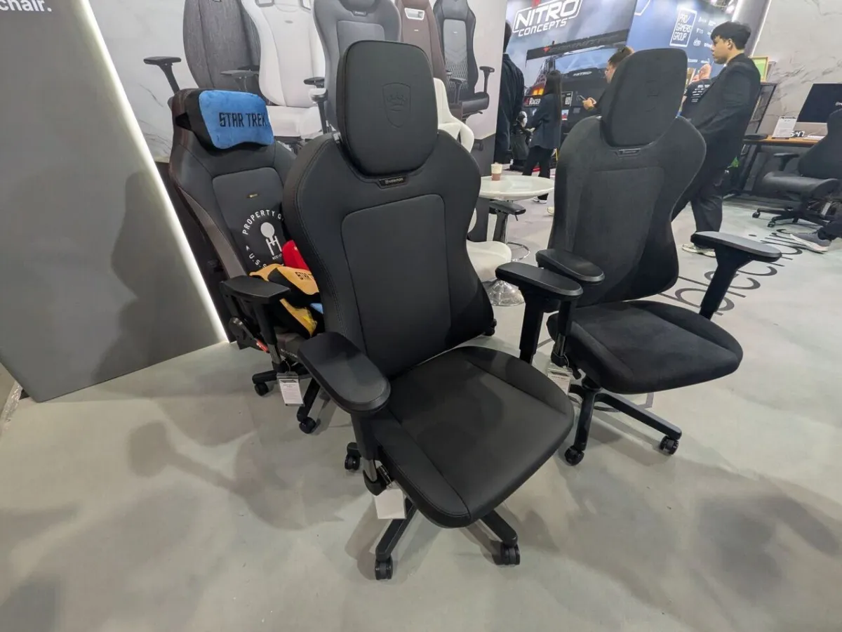 noblechairs Aura gaming chair displayed at Computex 2026 featuring modular construction and sustainable textiles.