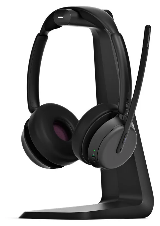 The EPOS IMPACT 1000 headset series is shown on a display stand to highlight the updated microphone design.