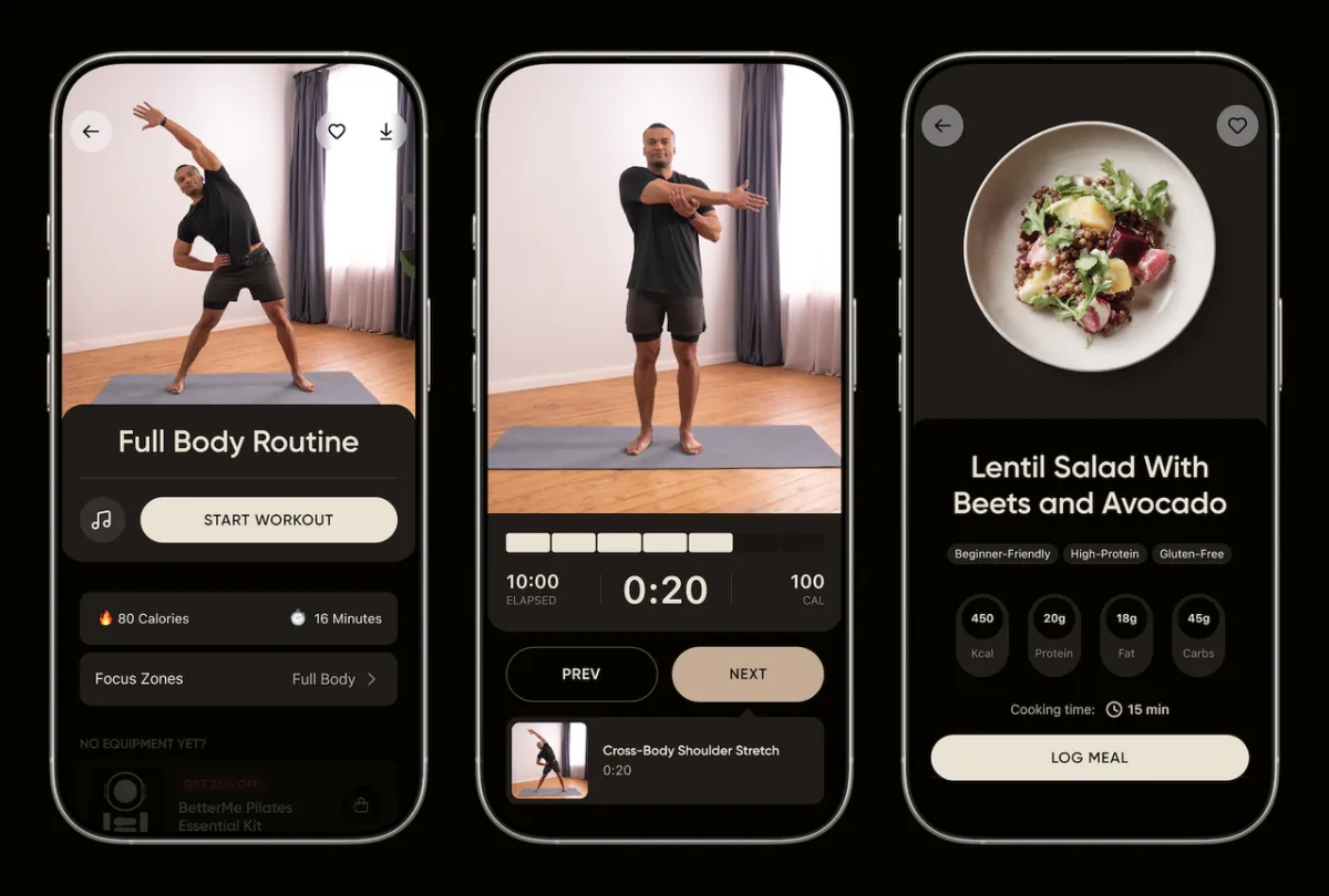 BetterMe fitness app interface displaying workout tracking, nutrition planning, and mindfulness tools on a mobile screen.