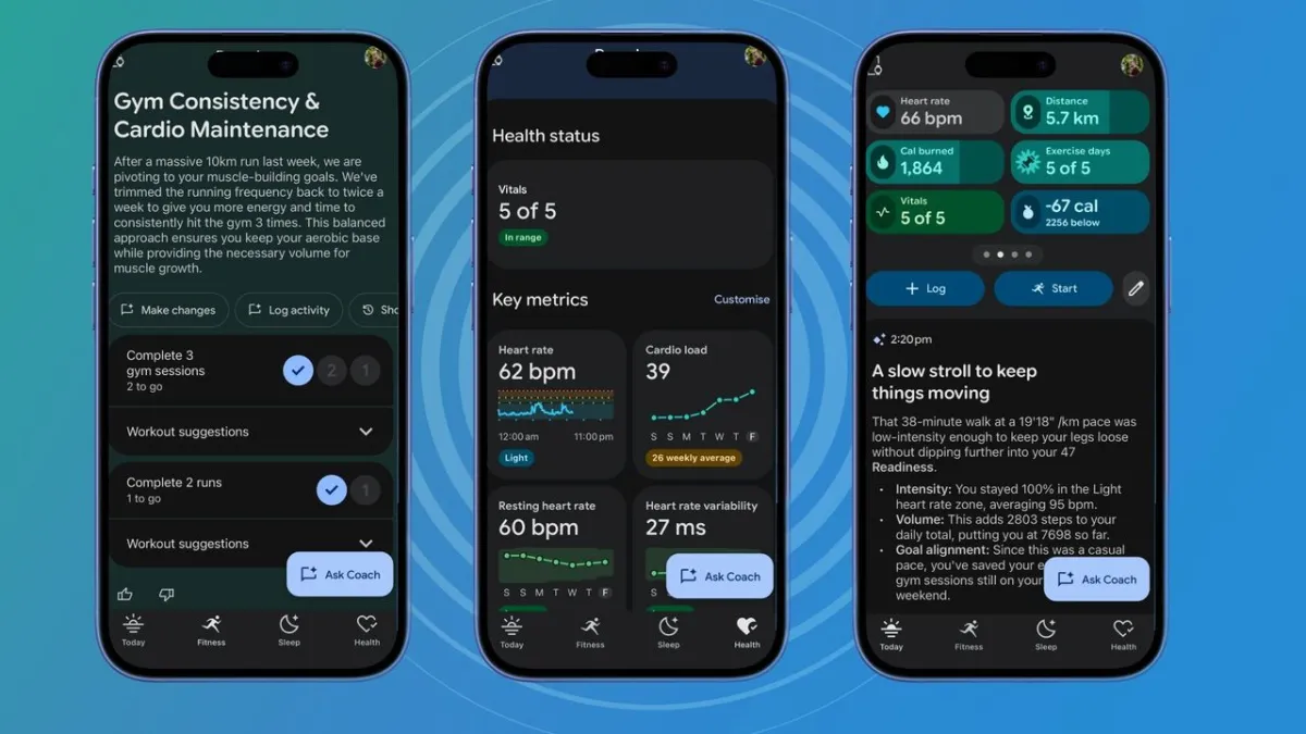 The Google Health interface displays updated Fitbit integration and improved food tracking features.