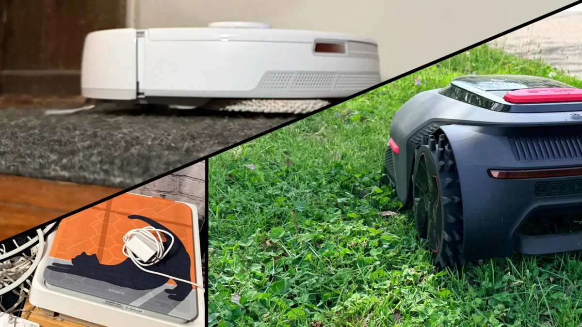 A robot vacuum cleaner navigates a floor in a home environment.