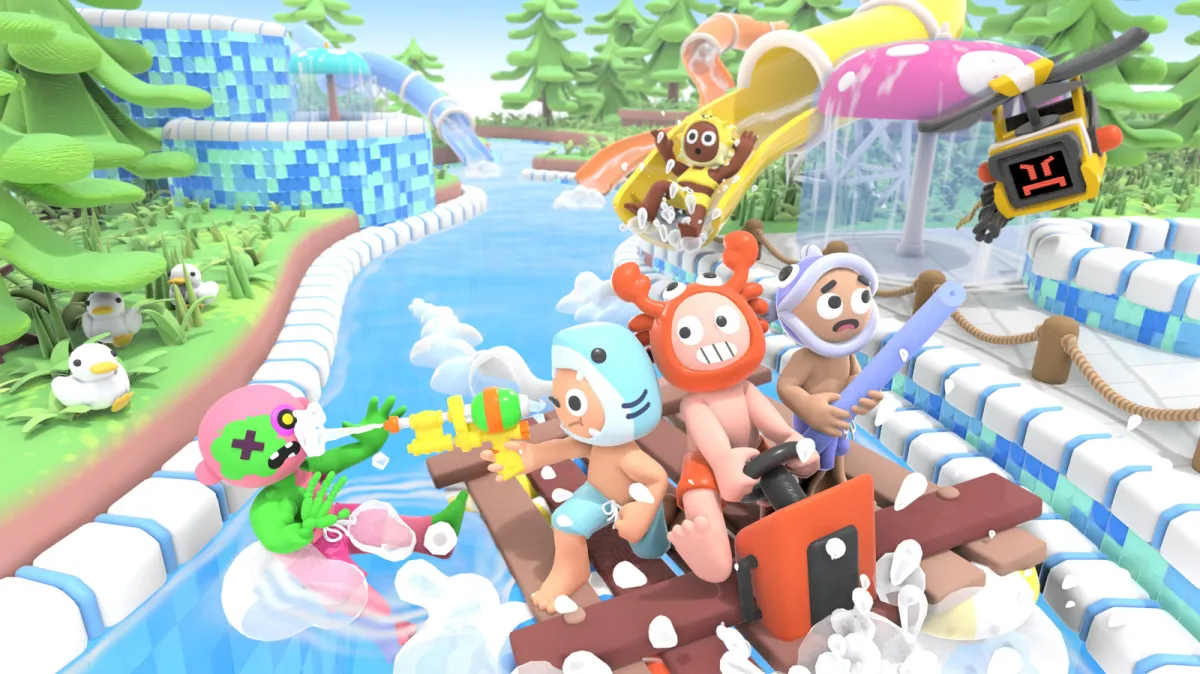 Gameplay footage of players building rafts and fighting zombies in a flooded space station waterpark.