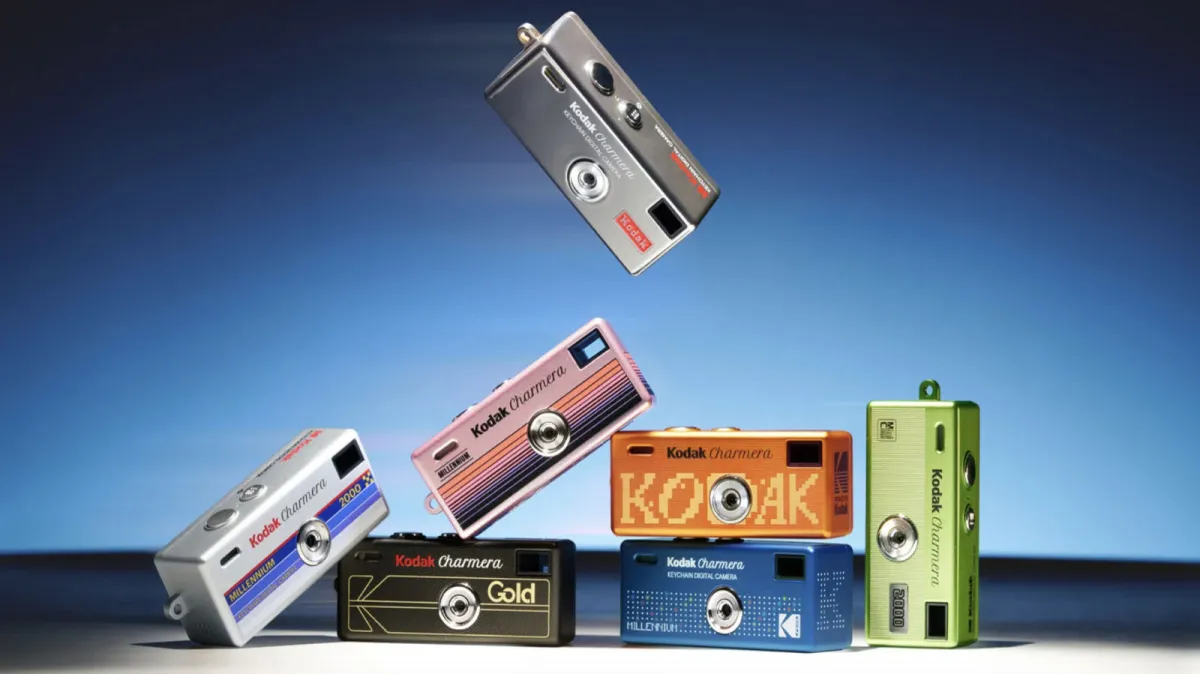 The Kodak Charmera Millennium Edition keychain camera features a chrome casing and compact design.