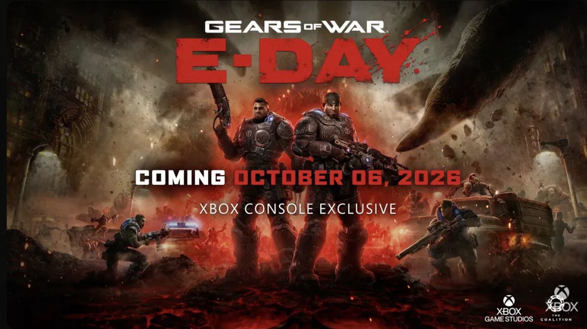 Gears of War E-Day image showing close-quarters combat in a damaged environment, launching October 6, 2026, on Xbox and Wi...