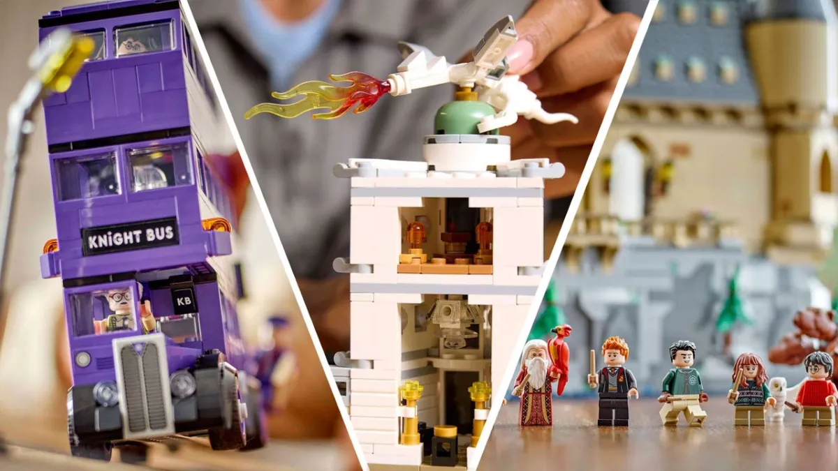 Assorted Harry Potter Lego sets are displayed in their original retail packaging.