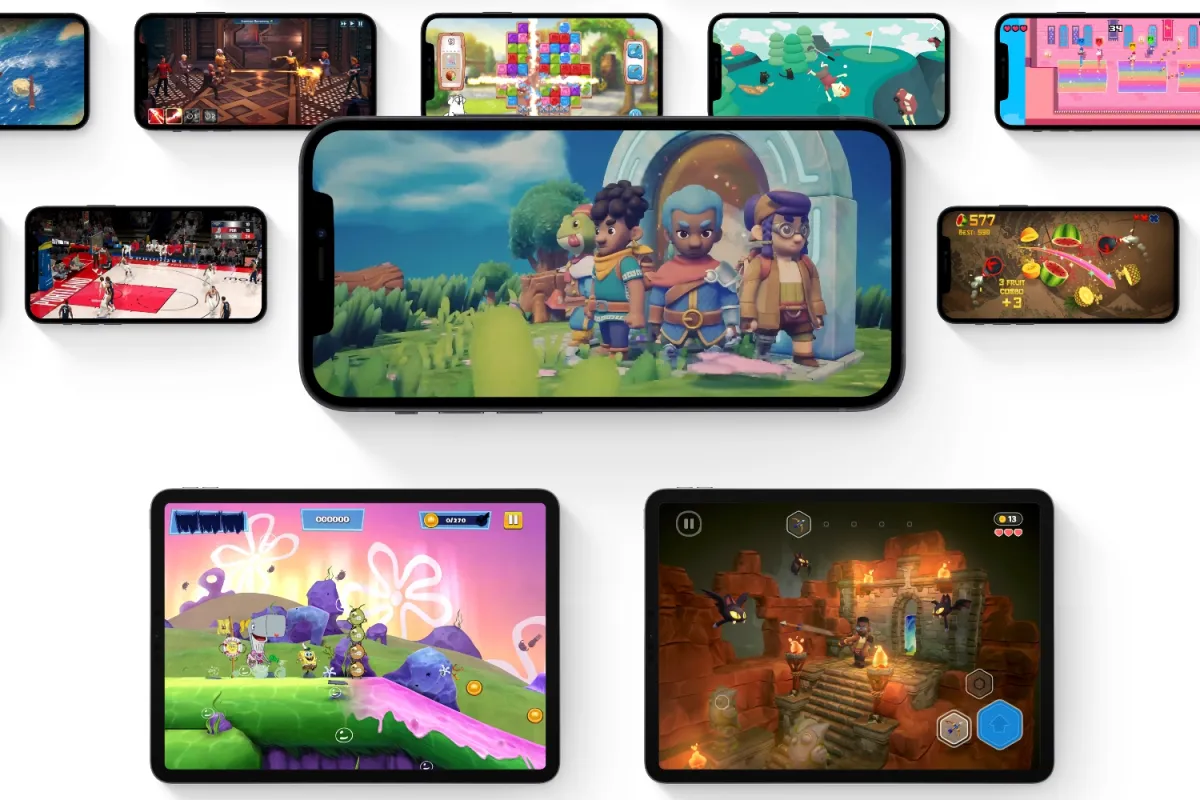 The Apple Arcade interface displays new game titles and subscription pricing on a mobile device screen.