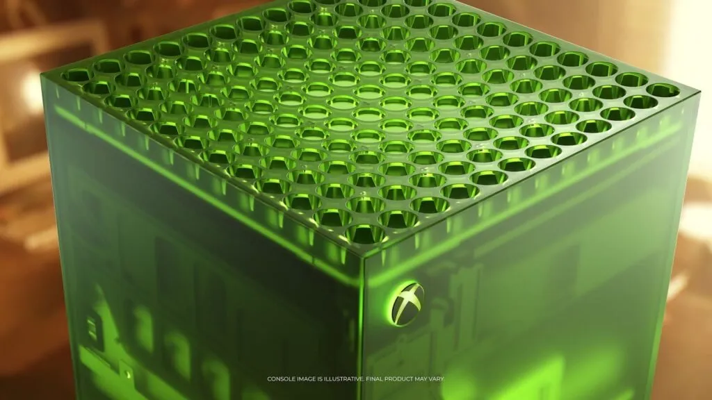 Transparent green Xbox Series X25 console commemorating twenty five years of interactive entertainment hardware.