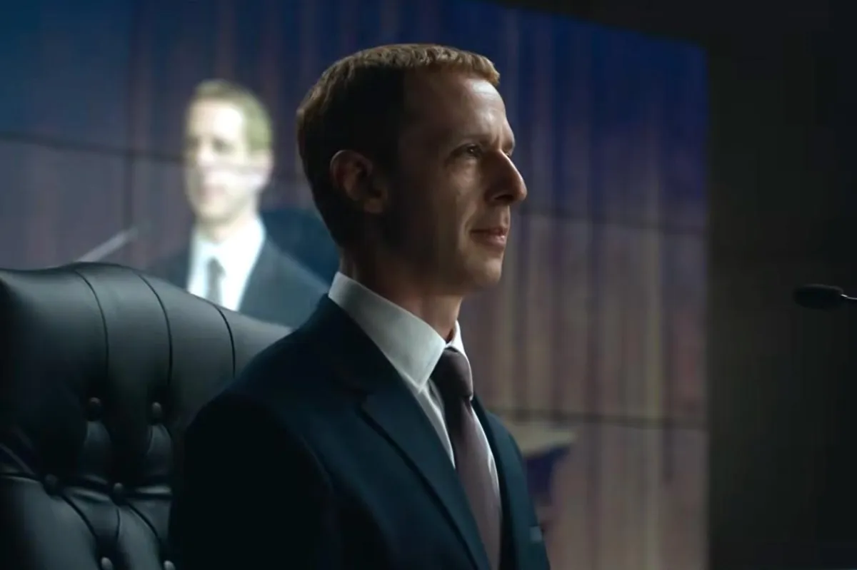This promotional still from the film The Social Reckoning features Jeremy Strong portraying an older Mark Zuckerberg.