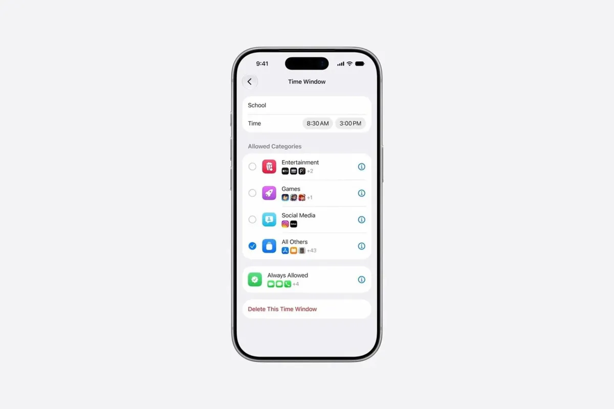 The Apple Screen Time interface displays category time limits and messaging controls for parental management.