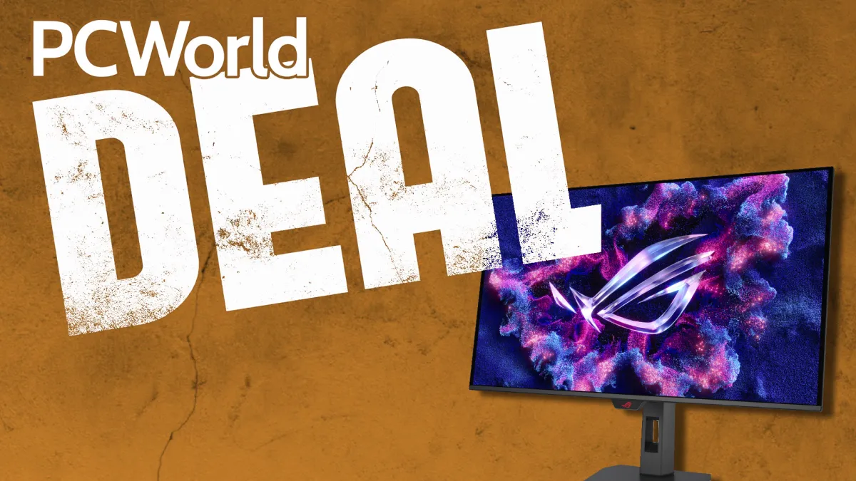 Thirty-two inch QD-OLED gaming monitor displaying a desktop interface with 4K resolution and a 165Hz refresh rate.