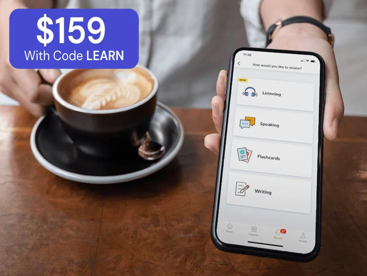 The platform interface displays lifetime access pricing, fourteen language options, and AI speech recognition tools.