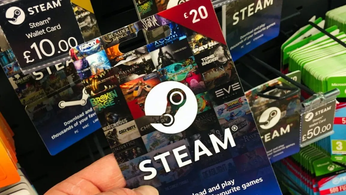 Retail Steam gift cards are displayed alongside a digital payment interface.