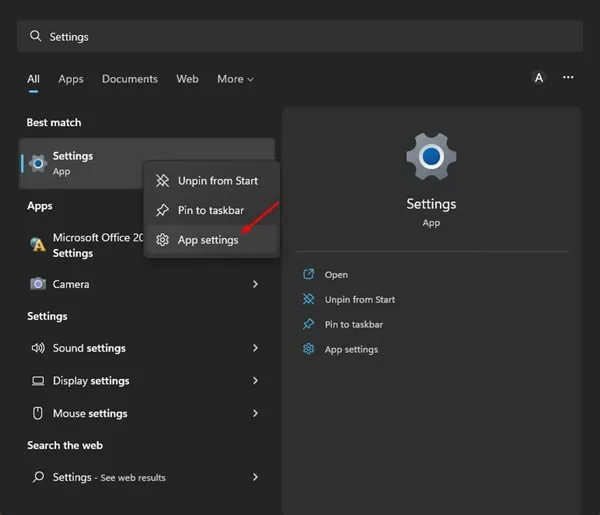 Windows 11 Settings app repair and reset options in the system settings interface.