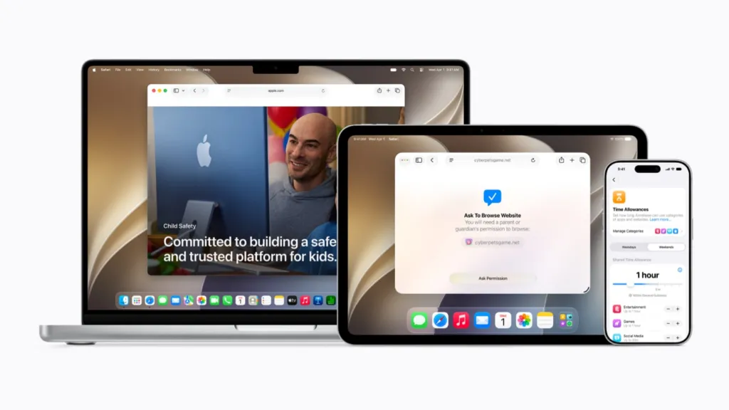 The iOS 27 interface displays expanded parental controls and child safety features for families.