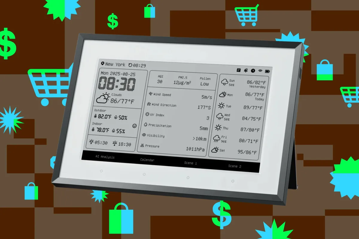 SwitchBot E Ink Weather Station displaying atmospheric data and scheduled alerts on its 7.5-inch screen.