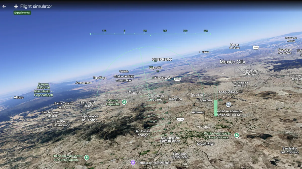 The Google Earth flight simulator interface displays browser-based navigation of three-dimensional terrain.