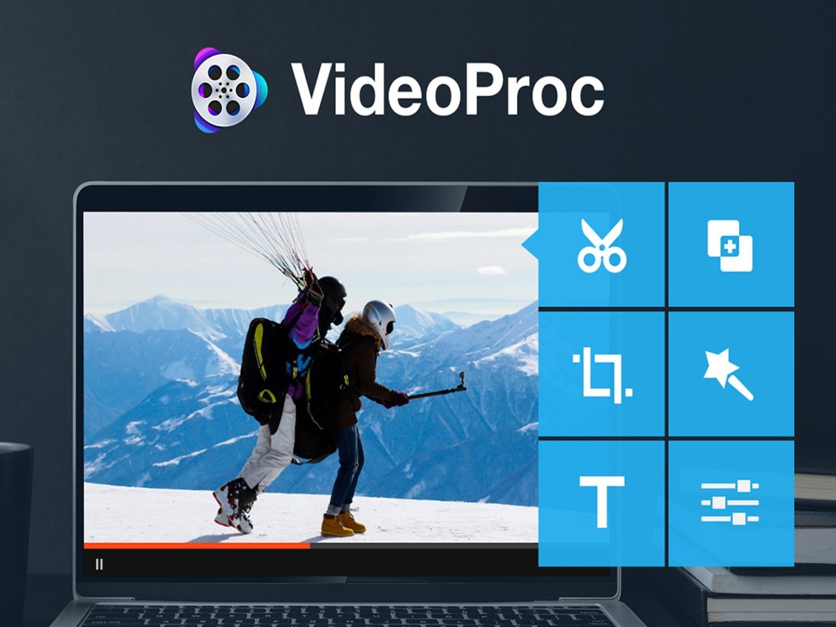 The VideoProc application window displays video editing and file conversion tools on a Windows desktop.