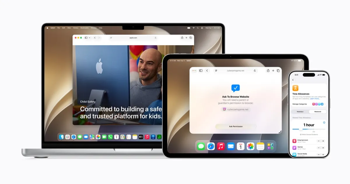 The updated Apple parental control interface features permission-based browsing and Screen Time management tools.