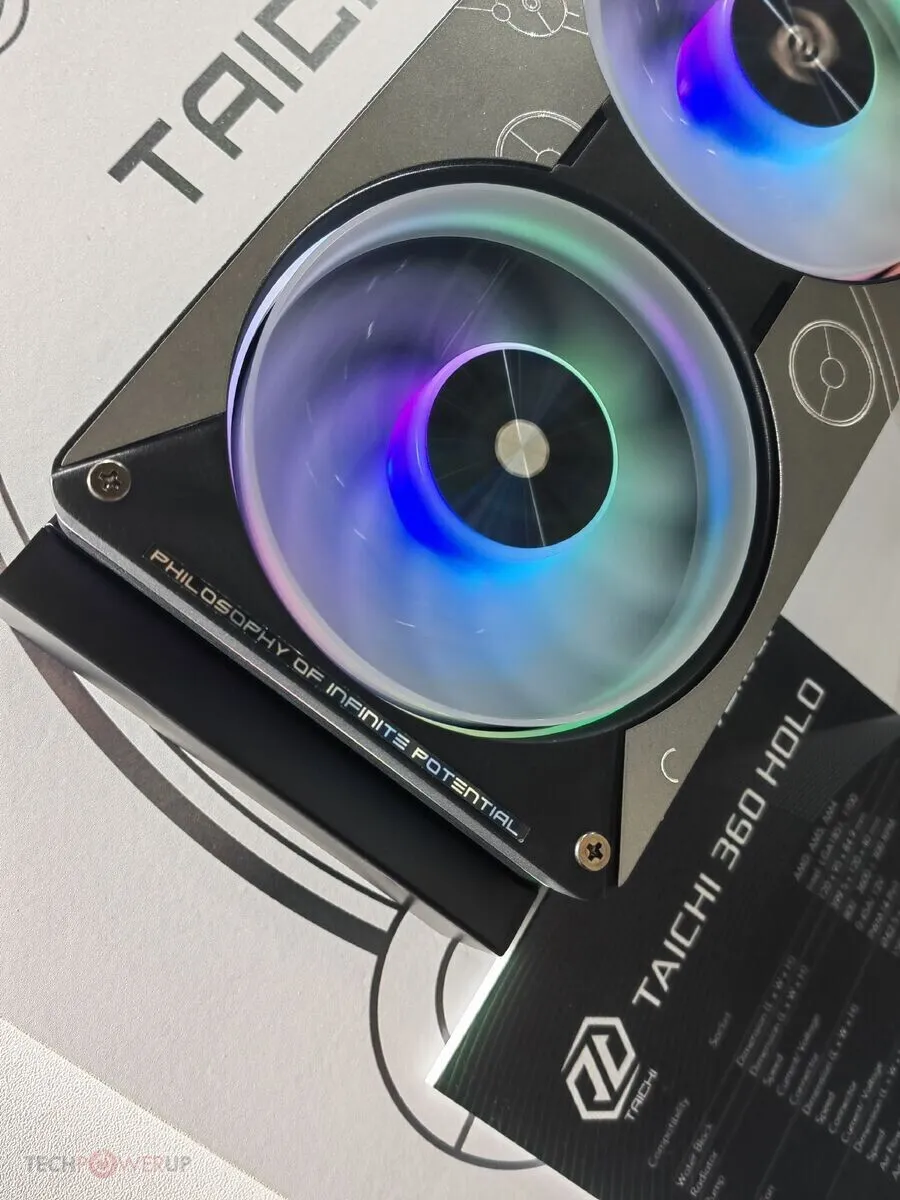ASRock Taichi 360 Holo AIO liquid cooler pump block with integrated display and auxiliary fan