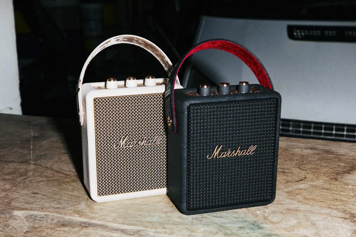 The black Marshall Stockwell III Bluetooth speaker features a modular battery module and a USB-C port.