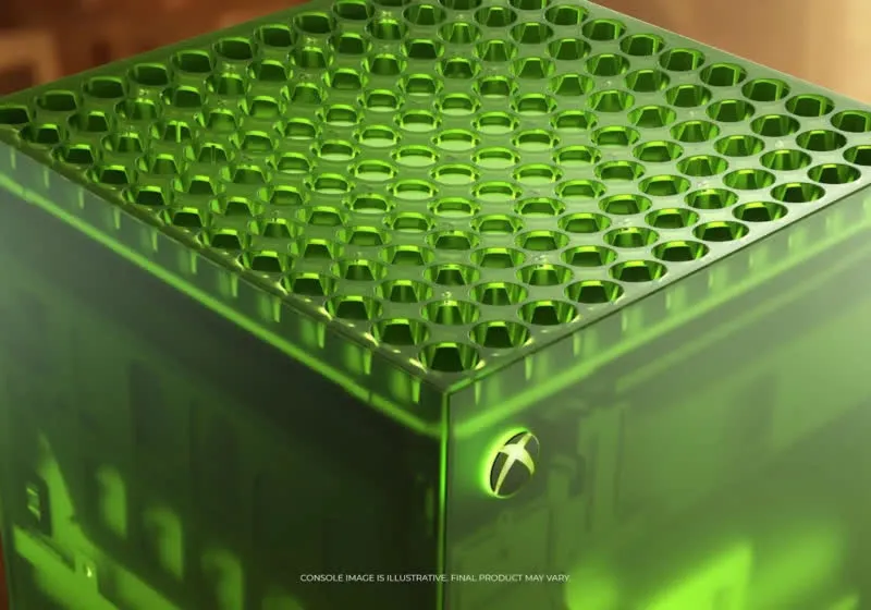 Translucent green Xbox 25th anniversary console and controller featuring a design inspired by the original Xbox.