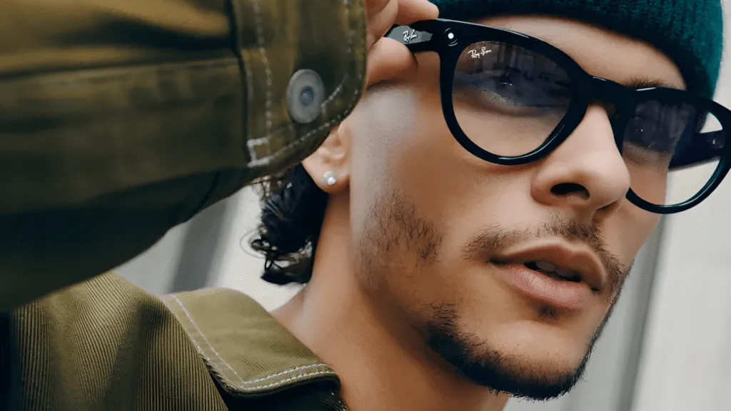 A person wears Meta smart glasses equipped with facial recognition technology.