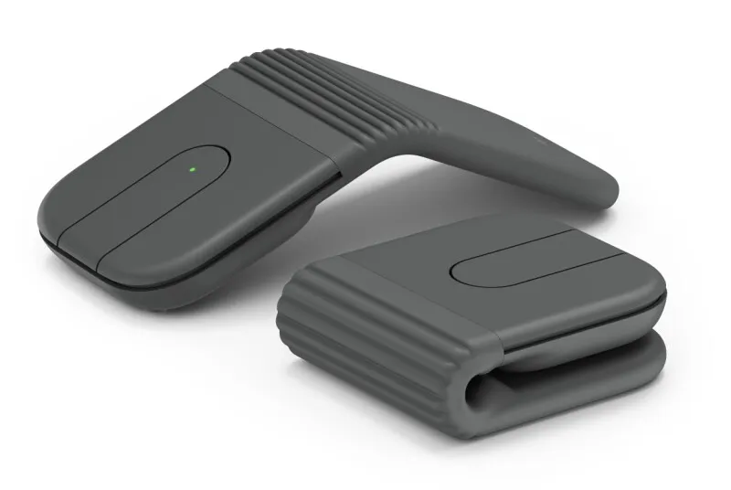 Logitech Mobi Fold portable mouse shown in its folded and unfolded states.
