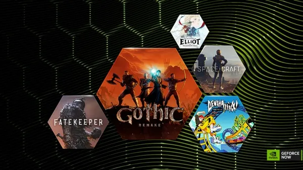 GeForce NOW platform interface displaying eighteen new cloud gaming titles arriving in June.