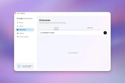 The Google AI Edge Eloquent application window displays local voice transcription controls on macOS.