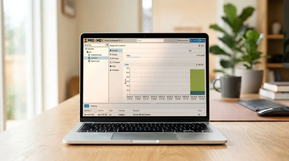 Proxmox VE dashboard displaying virtual machine management and cluster status