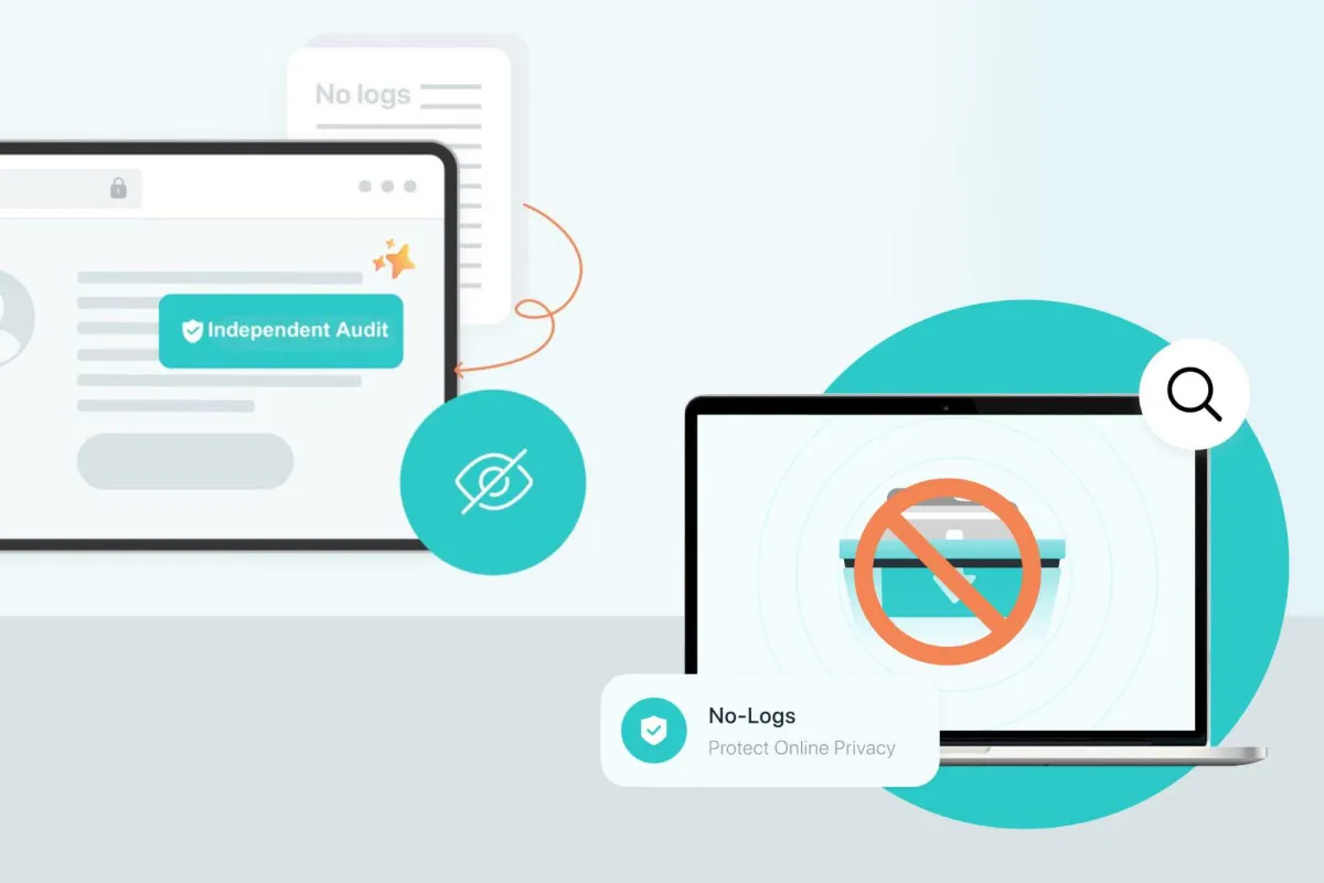 The graphic displays independent VPN privacy audits alongside RAM-only server architecture.
