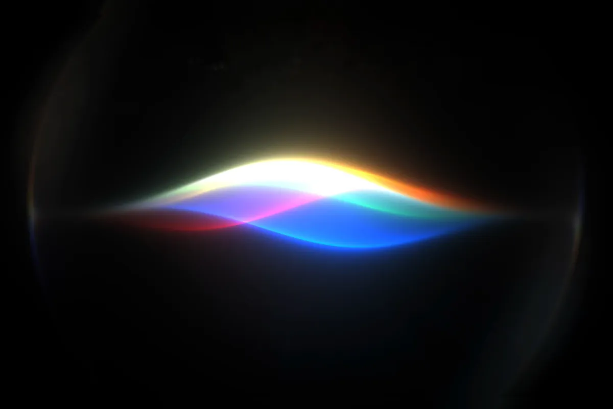 The illustration depicts the Apple Siri interface highlighting artificial intelligence capabilities on a mobile device.