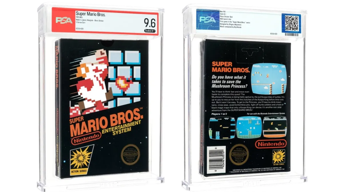 A sealed Super Mario Bros. NES cartridge graded PSA 9.6 A++ retains its original 1986 glossy sticker seal.